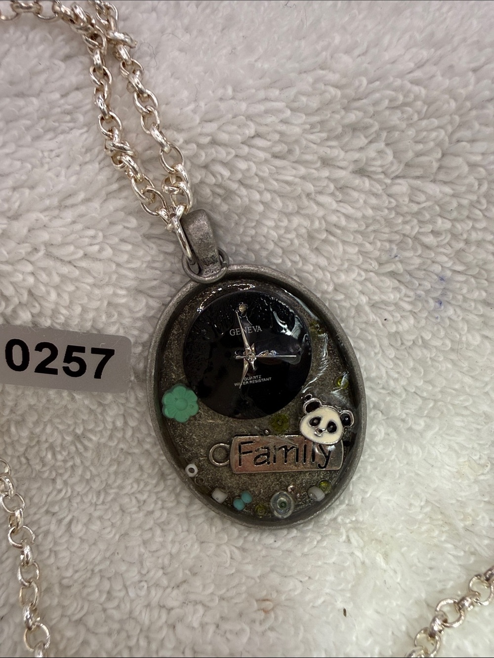 Handmade Epoxy Oval Pendant Necklace with Black Dial and Mint Accents